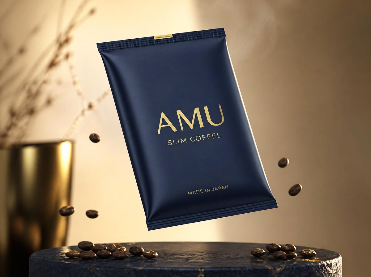 Three-dimensional render of the navy AMU Slim Coffee sachet floating above a stone pedestal