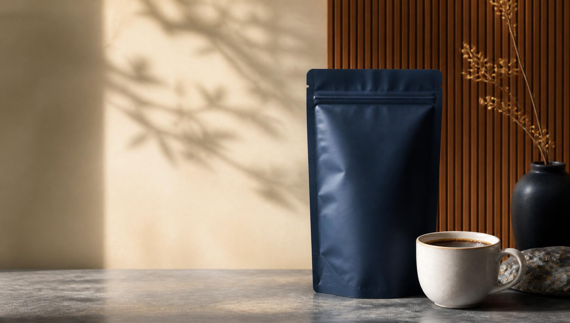 A navy AMU coffee pouch beside a white cup of black coffee on a stone surface