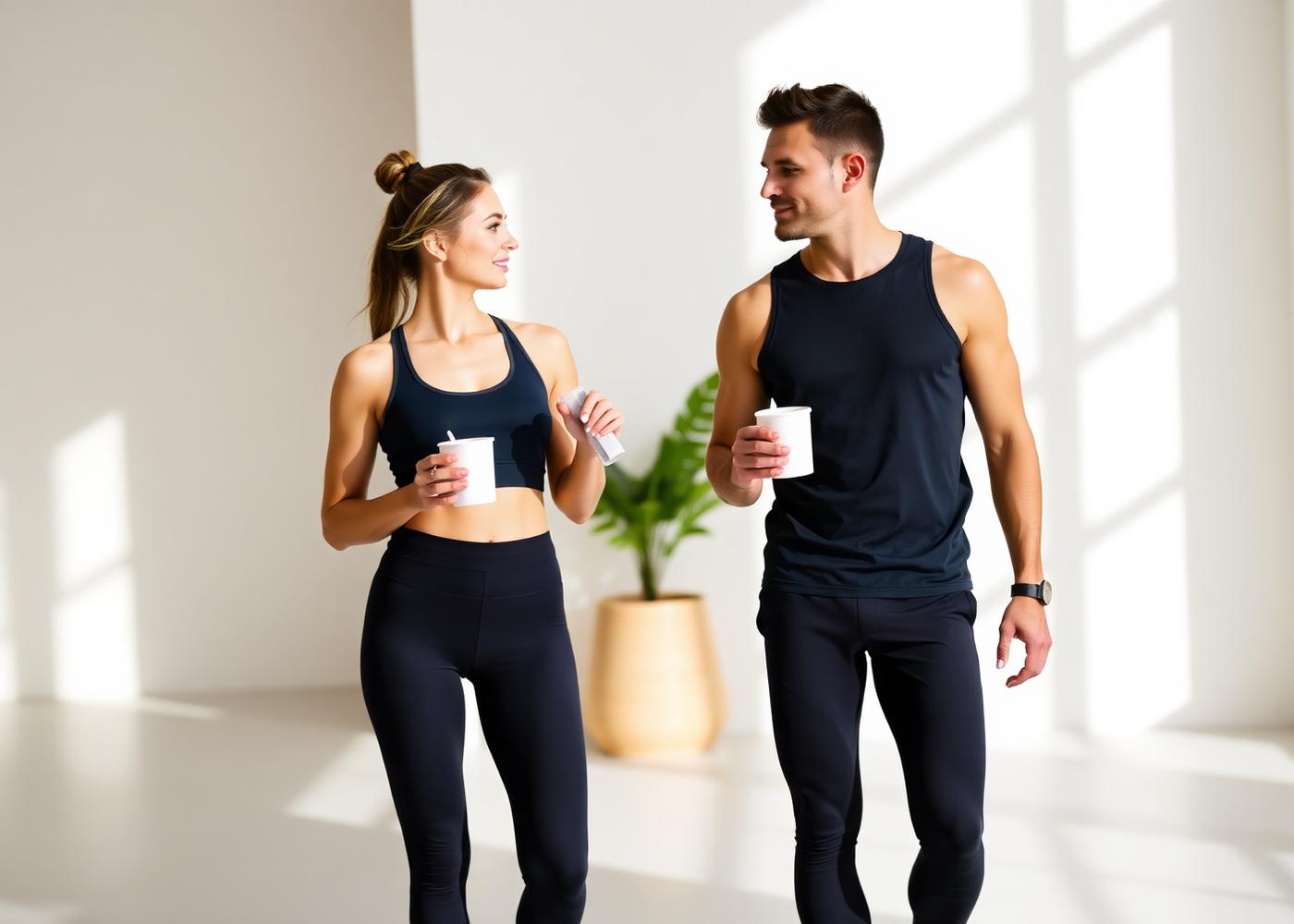 An adult woman and man in activewear holding coffee cups in a bright studio