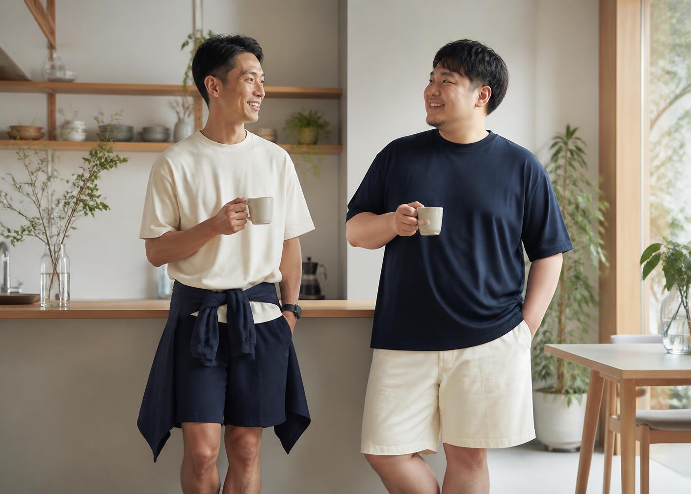 Two adult men of different body types holding coffee cups in a bright kitchen