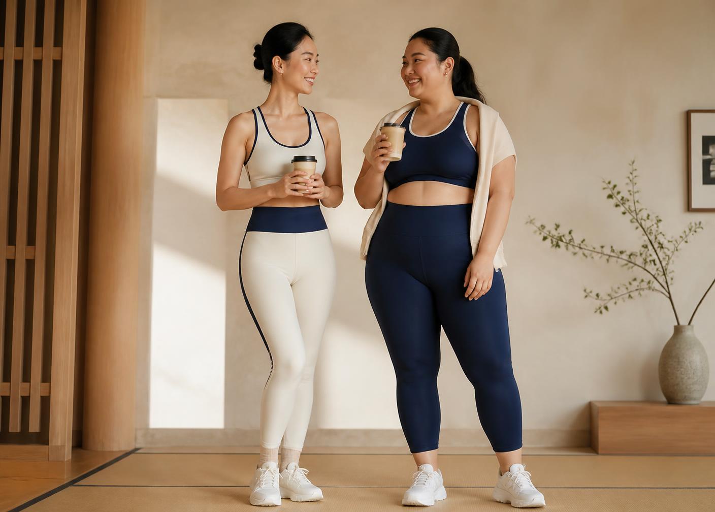 Two adult women of different body types in activewear holding coffee cups